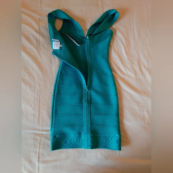 NWOT Bright Teal HERVE LEGER V- Neck Mini Bandage Dress XS $790 - Picture 11 of 14